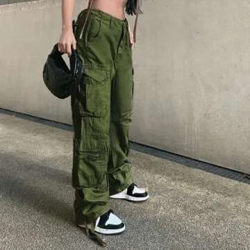 Khaki Solid Baggy Cargo Pants Women Low Waist Mom Jeans Vintage As Shows M