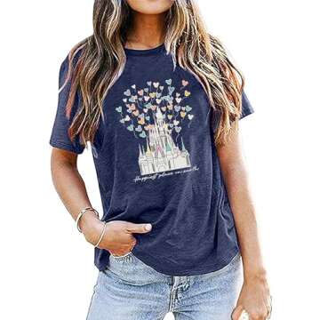 Happiest Place On Earth T-Shirt Women Magical Castle Balloon Graphic Shirt Casual Short Sleeve Holid...