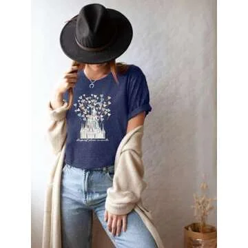 Happiest Place On Earth T-Shirt Women Magical Castle Balloon Graphic Shirt Casual Short Sleeve Holiday Vacation Trip Tee Top Greyblue L