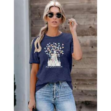 Happiest Place On Earth T-Shirt Women Magical Castle Balloon Graphic Shirt Casual Short Sleeve Holiday Vacation Trip Tee Top Greyblue L