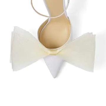 Women Stiletto High Heels Pumps with Asymmetric Grosgrain Mesh Bows Lace Ankle Strap Buckle Closed Pointed Toe Sexy Wedding Shoes Party Dressy Sandals 3.14 in White Size 9