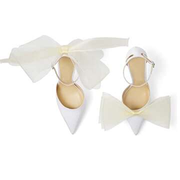 Women Stiletto High Heels Pumps with Asymmetric Grosgrain Mesh Bows Lace Ankle Strap Buckle Closed Pointed Toe Sexy Wedding Shoes Party Dressy Sandals 3.14 in White Size 9