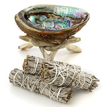 Premium Bundle with 5 Inch or Larger Abalone Shell, Natural Wooden Tripod Stand, and 3 California White Sage Smudge Sticks for Incense Burning, Home Fragrance, Energy Clearing, Yoga, Meditation