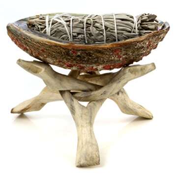 Premium Bundle with 5 Inch or Larger Abalone Shell, Natural Wooden Tripod Stand, and 3 California White Sage Smudge Sticks for Incense Burning, Home Fragrance, Energy Clearing, Yoga, Meditation
