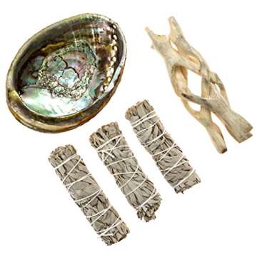 Premium Bundle with 5 Inch or Larger Abalone Shell, Natural Wooden Tripod Stand, and 3 California White Sage Smudge Sticks for Incense Burning, Home Fragrance, Energy Clearing, Yoga, Meditation