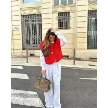 Women's Fashionable Sleeveless Short Knitted Sweater Vest Button Cardigan with Pockets(RED,S)