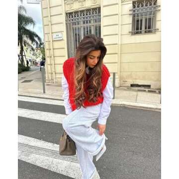 Women's Fashionable Sleeveless Short Knitted Sweater Vest Button Cardigan with Pockets(RED,S)