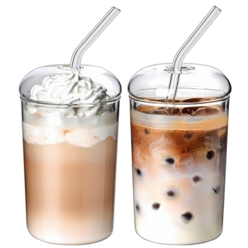 Ework4U 2 Pcs Drinking Glasses with Glass Lids and Glass Straw 16oz Glassware Set,Iced Coffee Glasse...