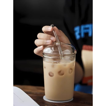 Ework4U 2 Pcs Drinking Glasses with Glass Lids and Glass Straw 16oz Glassware Set,Iced Coffee Glasses,Ideal for Water,Soda,Tea,Gift - with Cleaning Brushe