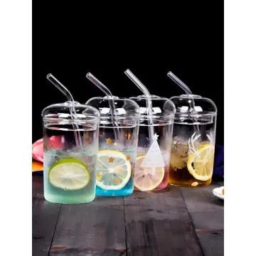 Ework4U 2 Pcs Drinking Glasses with Glass Lids and Glass Straw 16oz Glassware Set,Iced Coffee Glasses,Ideal for Water,Soda,Tea,Gift - with Cleaning Brushe