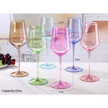 Physkoa Pink Wine Glasses Set Of 6 - Crystal Colorful Wine Glasses With Long Stem and Thin Rim,Perfect Colored Wine Stemware for Wine Lover in Christmas,Thanksgiving,15oz(Pink)