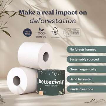 Betterway Bamboo Toilet Paper 3 Ply - Sustainable Toilet Tissue - 36 Double Rolls & 360 Sheets Per Roll - Septic Safe - Organic, Plastic Free - FSC Certified