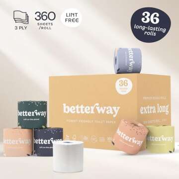 Betterway Bamboo Toilet Paper 3 Ply - Sustainable Toilet Tissue - 36 Double Rolls & 360 Sheets Per Roll - Septic Safe - Organic, Plastic Free - FSC Certified