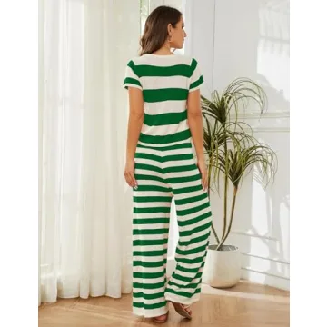 MISSACTIVER Women's Striped Two Piece Sweater Outfits Short Sleeve Pullover Tops and High Waisted Wide Leg Pants Lounge Sets