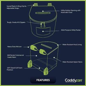 Caddycan - Portable Trash Can for Boating | Tough and Durable Storage Bag for Use with Kayaking, Camping, Hiking, Beach, Fishing | Collapsible, Multi-Purpose (Marine Blue, Large)