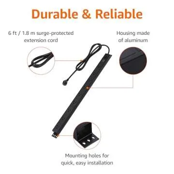 Amazon Basics 9 Outlet Surge Protector Power Strip, Heavy Duty, Metal, 600 Joule, 6 ft Cord, Rectang...