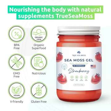 TrueSeaMoss Wildcrafted Irish Sea Moss Gel - Made with Dried Seaweed - Seamoss, Vegan-Friendly, Antioxidant Supports Digestion - Made in USA (Strawberry, Pack of 1)