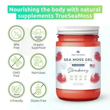 TrueSeaMoss Wildcrafted Irish Sea Moss Gel - Made with Dried Seaweed - Seamoss, Vegan-Friendly, Antioxidant Supports Digestion - Made in USA (Strawberry, Pack of 1)