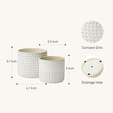 La Jolie Muse Ceramic Planter Flower Plant Pots- 6.7+5.5 Inch Concave Dot Patterned Cylinder Flower Pot W/ Drain Hole for Indoor, Set of 2, Ivory
