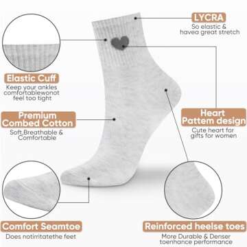 Corlap Women's Cotton Crew Athletic Running Socks - Ankle High, Fun Cute Novelty Heart Design (5-Pairs Gift Box)