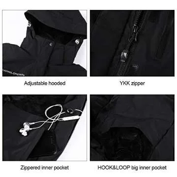 CAMEL CROWN Women’s Mountain Snow Waterproof Ski Jacket Detachable Hood Windproof Fleece Parka Rain Jackt Winter Coat (New Black, l)