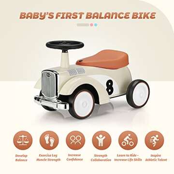 JOYLDIAS Kids Ride on Toys, Toddler Car Classic Train Style, Foot-to-Floor Sliding Car with Limited Steering Wheels, Secret Storage for Age 1.5-3 Years Old Children Boys and Girls, Beige