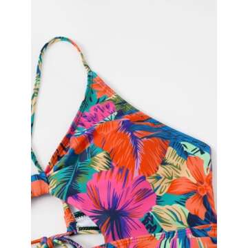 WDIRARA Women's Plus Size Floral Print Swimsuit Cut Out Drawstring One Piece Monokini Multicolored 2XL