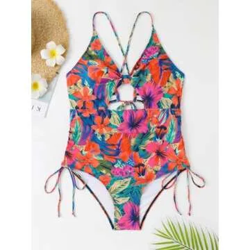 WDIRARA Women's Plus Size Floral Print Swimsuit Cut Out Drawstring One Piece Monokini Multicolored 2XL