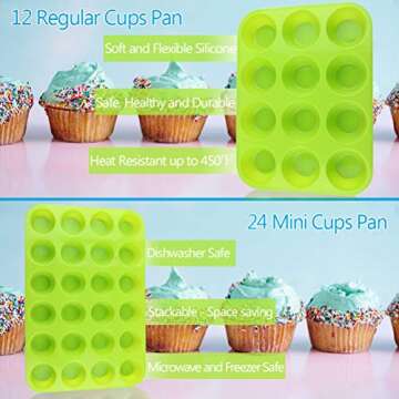 Silicone Muffin and Cupcake Pan Set, Premium Non-Stick Baking Mold, 12 Regular Cups and 24 Mini Cups...