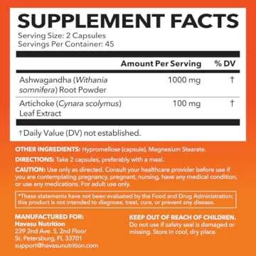 Powerful Ashwagandha Capsules 1000mg with Artichoke Extract for Enhanced Stress Relief and Mood Supp...