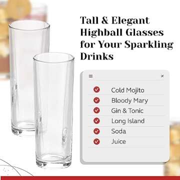 PARNOO Highball Glasses - Tall 10 oz. Cocktail Glasses for Cold Beverages - High Ball Glasses Set for Parties, Weddings, Birthdays, & Anniversaries - Dishwasher-Friendly Water Glasses Set of 8