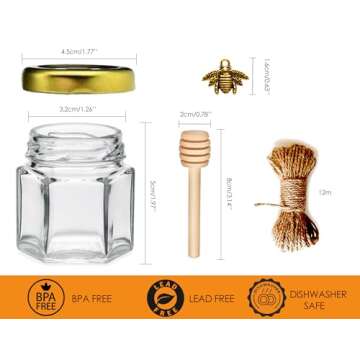 Adabocute 20 Pack Mini Honey Jars - Elegant Glass Honey Pot With Honey Dipper, Gold Lid, Bee Pendant...