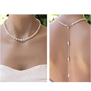 1PCS Exquisite Imitation Pearls Necklace Sexy Tassel Backdrop Necklace Long Body Chain Pendant Backless Dress Accessories Decoration Bikini Bodychain for Women Wedding Brides and Prom