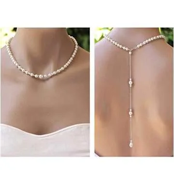 1PCS Exquisite Imitation Pearls Necklace Sexy Tassel Backdrop Necklace Long Body Chain Pendant Backless Dress Accessories Decoration Bikini Bodychain for Women Wedding Brides and Prom
