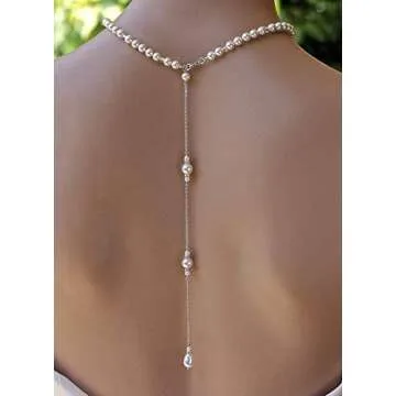 1PCS Exquisite Imitation Pearls Necklace Sexy Tassel Backdrop Necklace Long Body Chain Pendant Backless Dress Accessories Decoration Bikini Bodychain for Women Wedding Brides and Prom