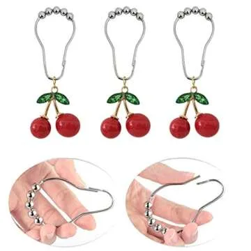 Decorative Cherry Shower Curtain Hooks Rings for Bathroom Shower Rod - Rust Proof Metal Stainless Steel Curtain Ring Set of 12 with Red Cherry Resin Decor Pendant Fruit Collection Style Design