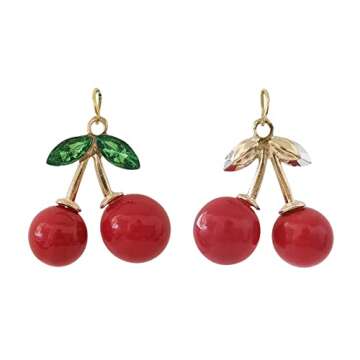 Decorative Cherry Shower Curtain Hooks Rings for Bathroom Shower Rod - Rust Proof Metal Stainless Steel Curtain Ring Set of 12 with Red Cherry Resin Decor Pendant Fruit Collection Style Design