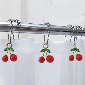 Decorative Cherry Shower Curtain Hooks Rings for Bathroom Shower Rod - Rust Proof Metal Stainless Steel Curtain Ring Set of 12 with Red Cherry Resin Decor Pendant Fruit Collection Style Design