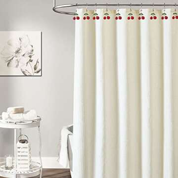 Decorative Cherry Shower Curtain Hooks Rings for Bathroom Shower Rod - Rust Proof Metal Stainless Steel Curtain Ring Set of 12 with Red Cherry Resin Decor Pendant Fruit Collection Style Design