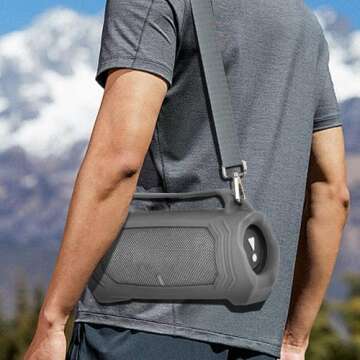 Silicone Protective Case for JBL Charge 5 with Shoulder Strap and Top Handle- Waterproof, Durable Cover for JBL Charge 5 Portable Bluetooth Speaker, Accessory for Outdoor Use (Grey)