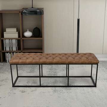HomePop Faux Leather Button Tufted Decorative Bench with Metal Base, Brown