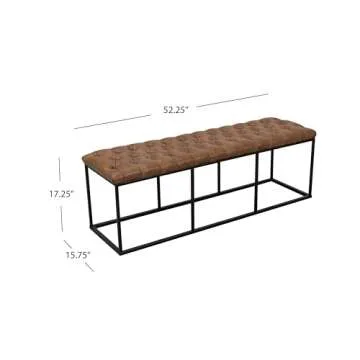 HomePop Faux Leather Button Tufted Decorative Bench with Metal Base, Brown