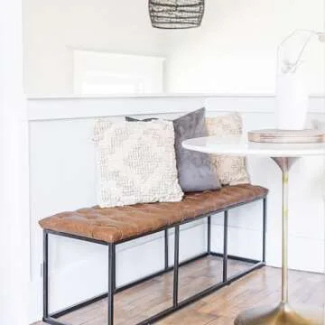 HomePop Faux Leather Button Tufted Decorative Bench with Metal Base, Brown