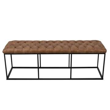 HomePop Faux Leather Button Tufted Decorative Bench with Metal Base, Brown