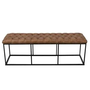 HomePop Faux Leather Button Tufted Decorative Bench with Metal Base, Brown