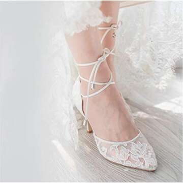 ERIJUNOR E2374 Ivory Lace Mesh Satin Bridal Wedding Shoes for Women Comfortable Mid Heel Tie Up Ankl...