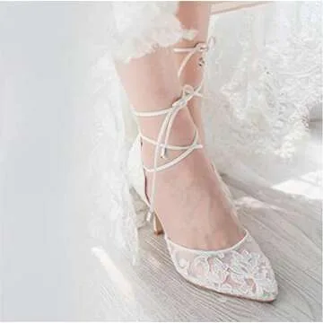 ERIJUNOR E2374 Ivory Lace Mesh Satin Bridal Wedding Shoes for Women Comfortable Mid Heel Tie Up Ankl...