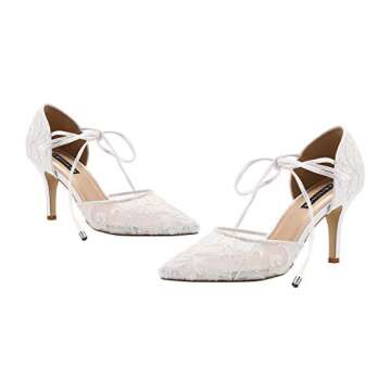ERIJUNOR E2374 Ivory Lace Mesh Satin Bridal Wedding Shoes for Women Comfortable Mid Heel Tie Up Ankle Strap Pointy Toe Pumps Ivory Size 5