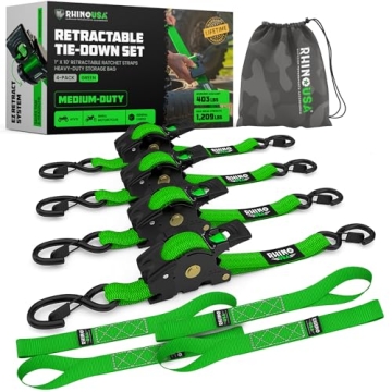 Rhino USA Retractable Ratchet Straps - 10ft - Heavy Duty Self Retracting Tie Downs (4-Pack) for Truc...
