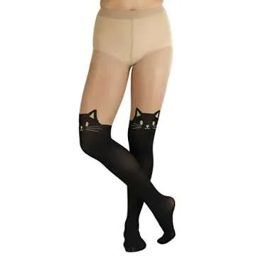 ToBeInStyle Women's Adorable Cat Nylon Pantyhose - Black/Nude - OS